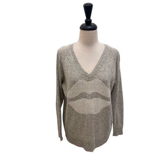 Lauren Moshi Beverly Hills Sweaters - Lauren Moshi Beverly Hills Women's V-neck Cashmere Lips Pullover Sweater Gray XS